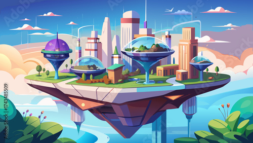 Minimalist floating island city with transparent platforms, lush gardens, and magnetic roads, futuristic concept merging sustainability, design harmony, and next-generation architecture.