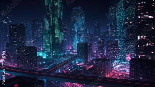 Futuristic metropolis neon cityscape with elevated highway and modern architecture