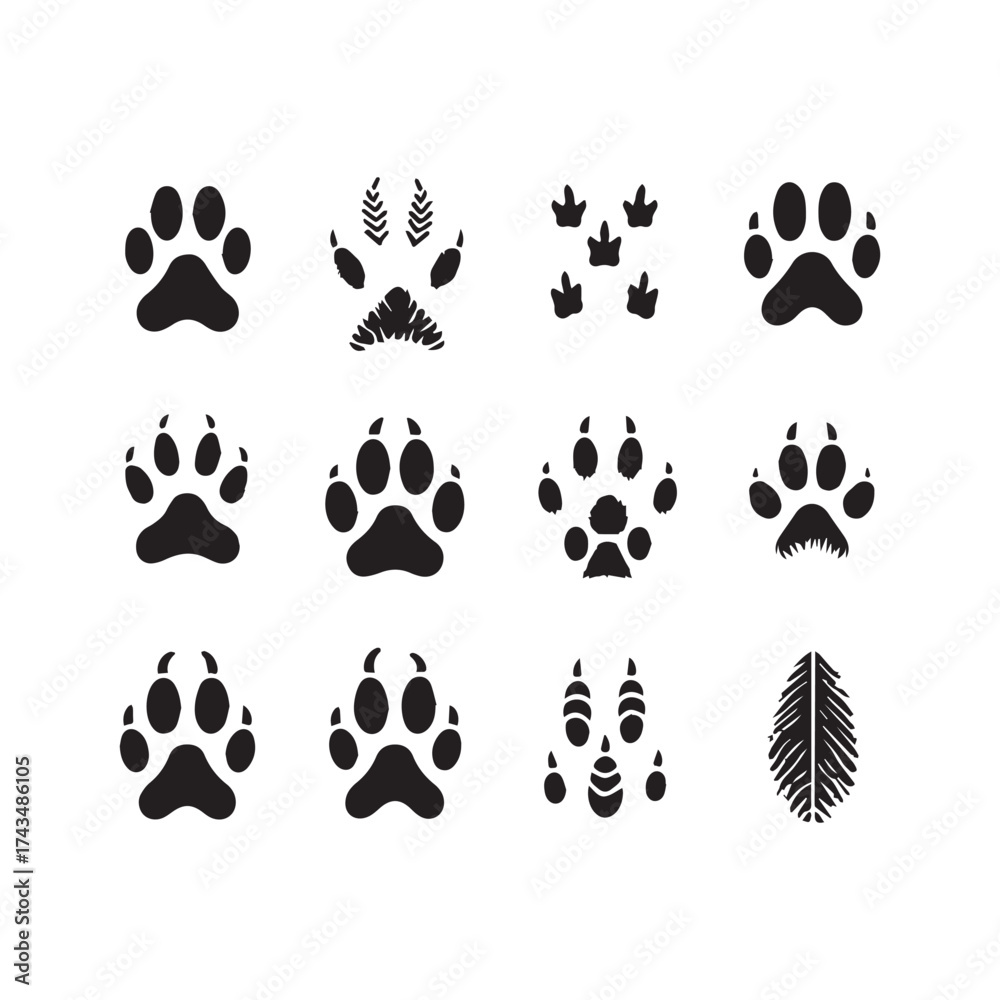 Fototapeta premium Twelve black animal paw prints and abstract graphic elements arranged in a grid on a white background