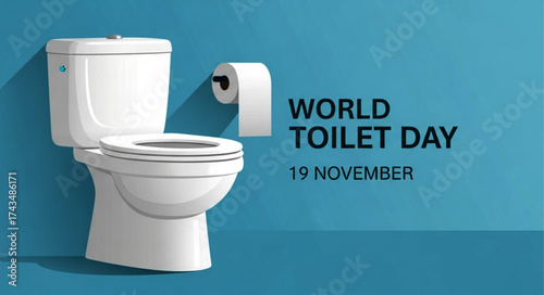 White Ceramic Toilet with Closed Lid and Toilet Paper Roll, Clean Bathroom Fixture