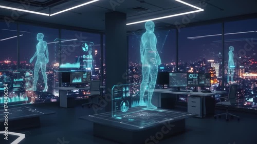 Futuristic office with holographic projections and cityscape backdrop