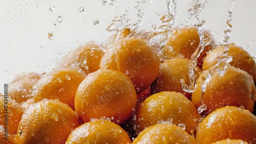 Close-up photo of vibrant orange fruit being splashed with water, creating a refreshing, natural image