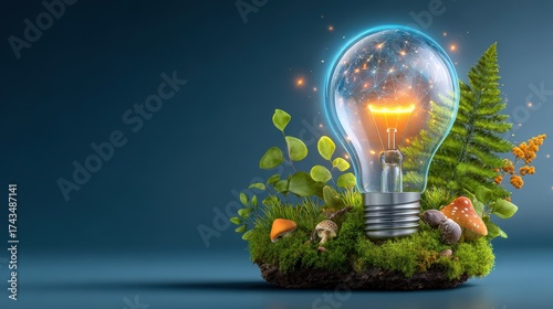Light bulb among plants and nature on vibrant blue background