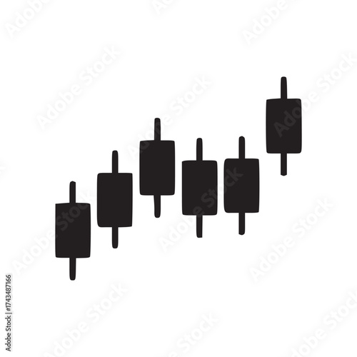A black and white illustration of a candlestick chart indicating an upward trending market pattern