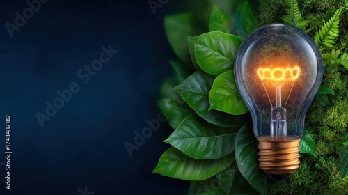 Eco-Friendly Lightbulb Surrounded by Lush Green Leaves and Plants
