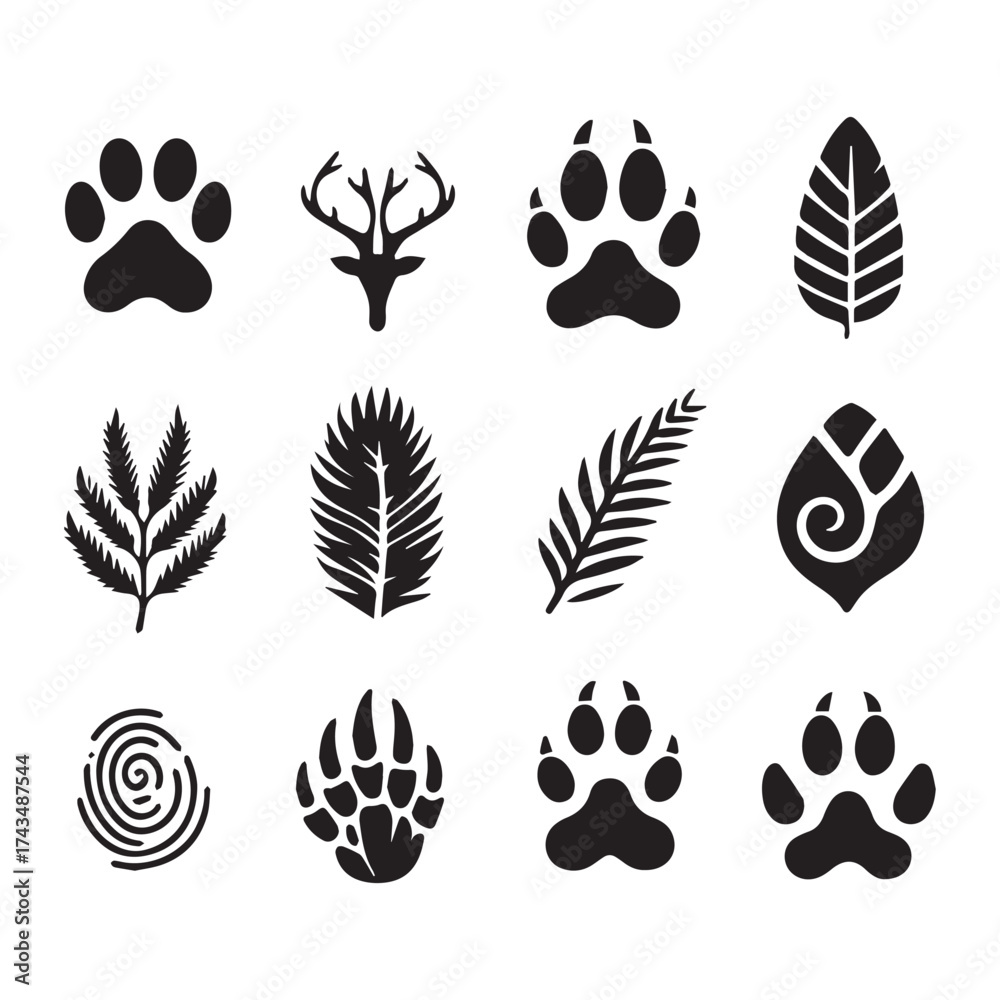 Fototapeta premium Twelve black silhouette icons of animal paw prints deer antlers leaves and a fingerprint on a white background