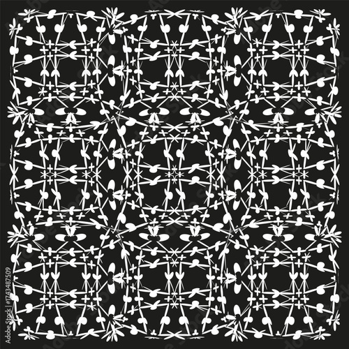 Abstract symmetrical ornament. Monochrome geometric pattern. Repeating intricate texture. Vector dark background.