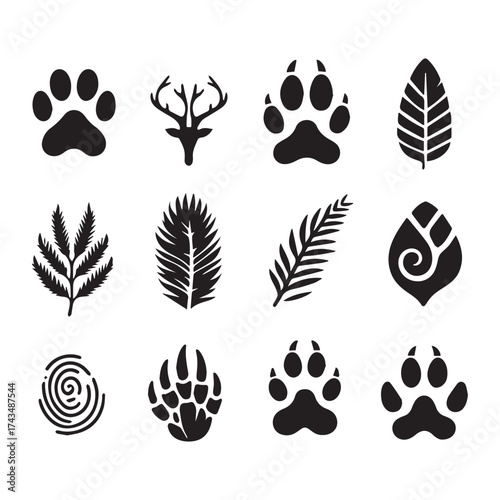 Twelve black silhouette icons of animal paw prints deer antlers leaves and a fingerprint on a white background