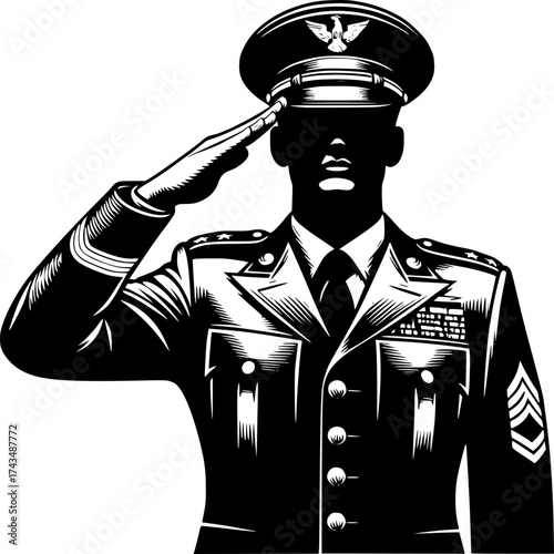 Saluting Soldier: A dignified soldier in uniform performs a salute, a symbol of respect, honor, and duty. The stark contrast between light and shadow emphasizes strength, resolve.