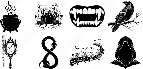 Vector art of collection of spooky halloween icons and symbols
