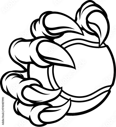 A tennis claw sports illustration of an eagle or animal monster hand holding ball