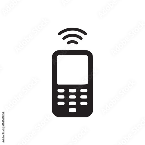 A black and white graphic illustration of a cell phone with signal waves above it on white background