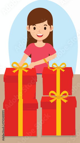 Woman arranging red gift boxes tied with gold ribbons on a table.