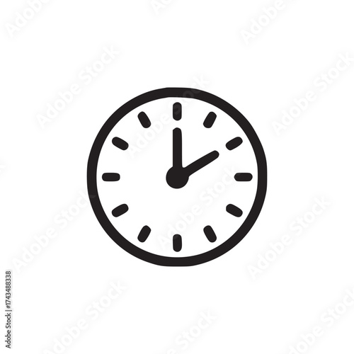 A simple black and white clock icon showing the time with a circular face and short hands on white