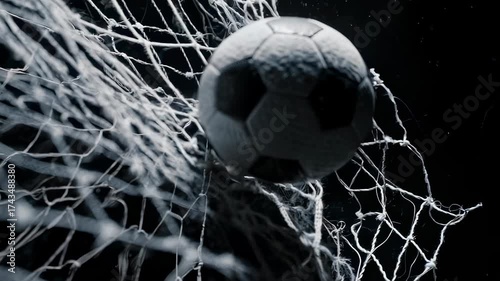A soccer ball passes into a net, suspended in a dark setting. White strands frame the action