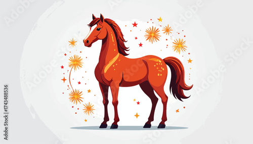 A stylized illustration of a reddish-brown horse standing against a white background with star-like shapes.
