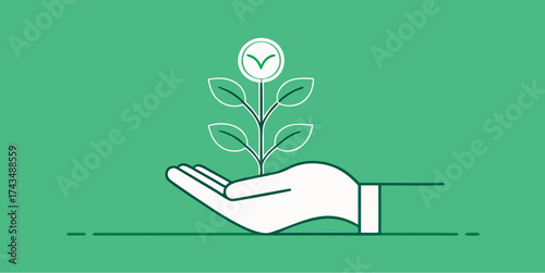 Hand holding a growing plant with leaves and eco symbol on green background