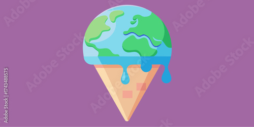 Melting earth shaped like ice cream cone symbolizing global warming and climate change