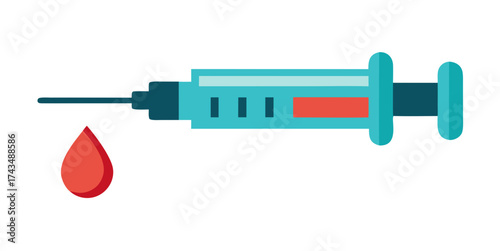 Medical syringe with red droplet symbolizing injection, vaccination, or blood test on white background