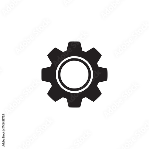 A solitary black gear icon with a central circle on a stark white background in a minimalist style