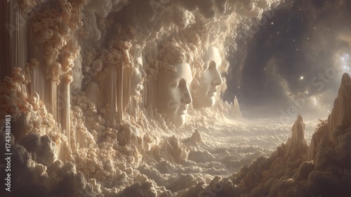 Dreamy Celestial Landscape: A surreal, ethereal landscape of clouds, pillars, and ancient faces. The scene evokes a sense of wonder and mystery, with soft light illuminating the mystical scene.