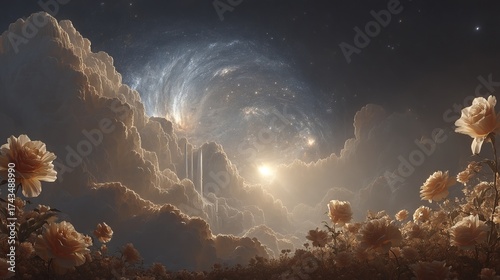 Celestial Garden: An enchanting scene unfolds, merging terrestrial beauty with cosmic grandeur as roses bloom amidst ethereal clouds, inviting viewers into a realm where the sky touches the earth.