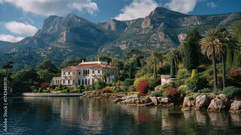 Fototapeta premium Serene Lakeside Estate: A luxurious villa rests on the serene edge of a pristine lake, its architectural elegance mirrored by the calm waters.