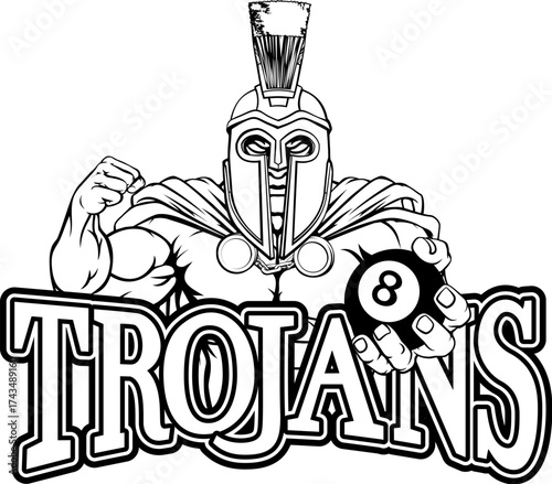 A spartan or trojan angry mean pool billiards mascot cartoon character holding a black 8 ball.