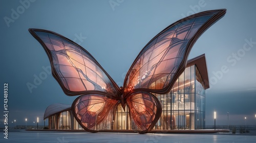 Wings of Innovation: A stunning architectural marvel shaped like butterfly wings, symbolizing transformation, creativity, and the fusion of art and design, silhouetted against the dusk sky.