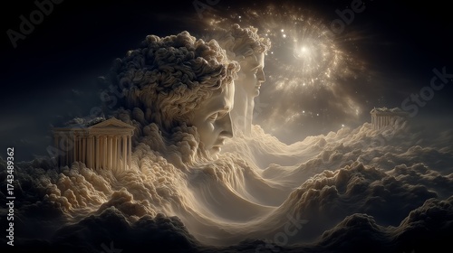 Celestial Reverie: Ancient statues emerging from ethereal clouds, bathed in heavenly light, evoking a sense of wonder and the sublime.