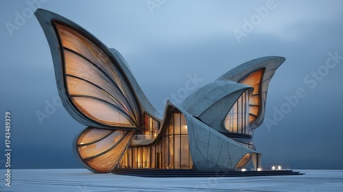 Butterfly-Shaped Building: A futuristic building designed in the shape of a butterfly, with illuminated interiors and sleek, modern architecture, stands against a twilight sky.