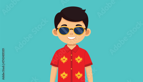 A smiling cartoon man wearing sunglasses and a red Hawaiian shirt, enjoying the sun.