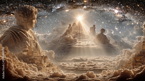 Ascension: An ethereal scene of ascending figures, bathed in celestial light, climb towards a radiant glow amidst a cloudscape.
