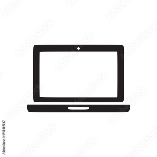 A simple black and white illustration of a laptop computer on a plain white background surface view