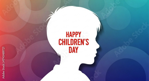 Child's Silhouette with "Happy Children's Day" Text, White Outline, Boy Profile