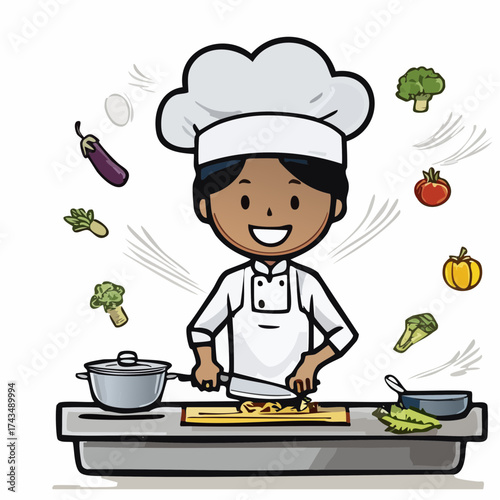 A cheerful cartoon chef chopping vegetables on a kitchen counter with various ingredients floating around him on a clean white background.
