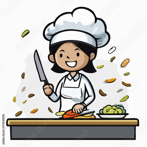Cartoon chef woman chopping vegetables with a knife on a kitchen counter, surrounded by flying ingredients, against a clean white background with a cheerful mood.