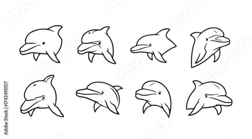 Set of eight hand drawn dolphin sketch icons depicting playful marine mammal poses and movements vector
