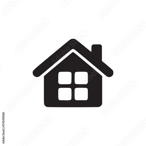 A simple black house icon with a chimney and four window panes on a plain white background view