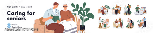 Volunteers caring of old senior people set. Assistance, aid for elderly. Caregivers, social workers helping, supporting elder aged characters. Flat vector illustrations isolated on white background