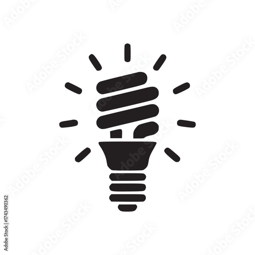 A black and white illustration of a compact fluorescent light bulb with radiating lines around it