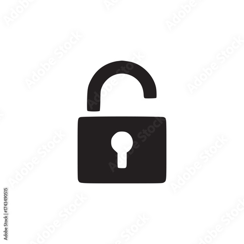 A simple black and white illustration of an unlocked padlock on a plain white background space here