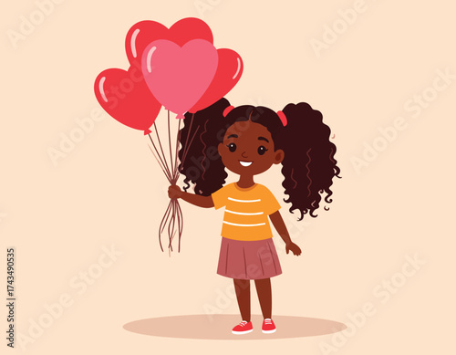 A young girl with pigtails holds heart-shaped balloons, smiling against a light background.