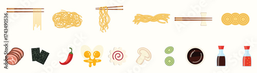 Ramen ingredients vector set. Japanese and Asian cuisine illustration with noodles, soy sauce, narutomaki, meat, onions, mushrooms, and nori. Elements for menus, restaurant branding and food packaging