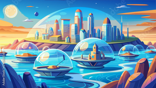 Futuristic coastal city rising from crystal-blue water, floating docks, and transparent domes under golden sunlight, symbolizing human creativity and harmony with ocean energy.