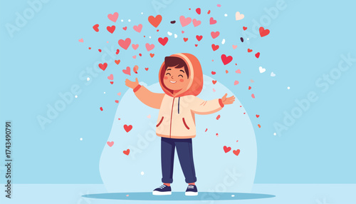 A happy child stands with open arms as hearts float down around them against a blue background.