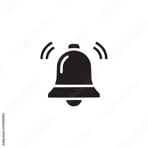 A simple black and white illustration of a bell with sound waves isolated on a white background