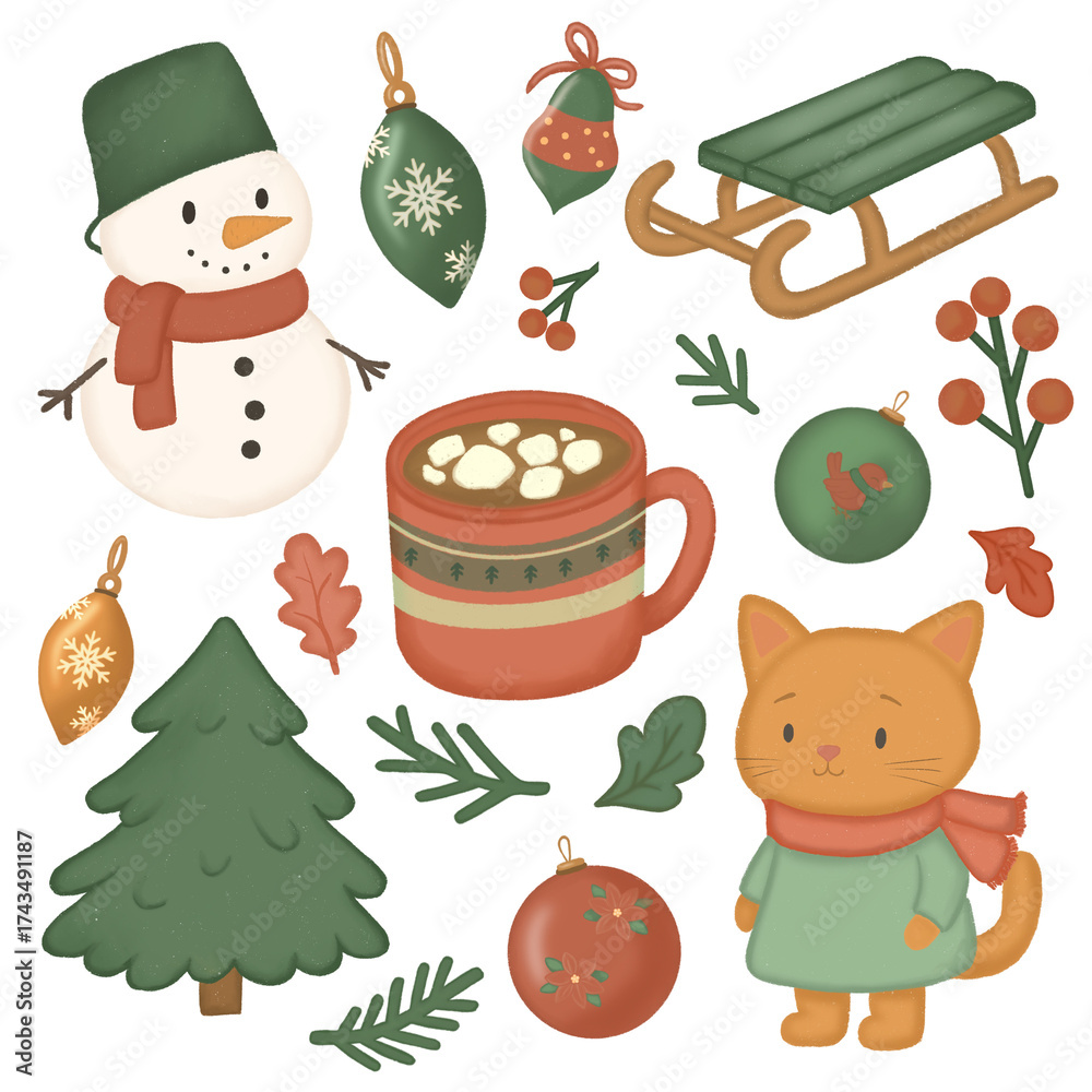 Naklejka premium Cozy Winter Cat, Snowman, Cocoa, Tree & Ornaments. Soft Pastel Holiday Illustration. Christmas elements. 