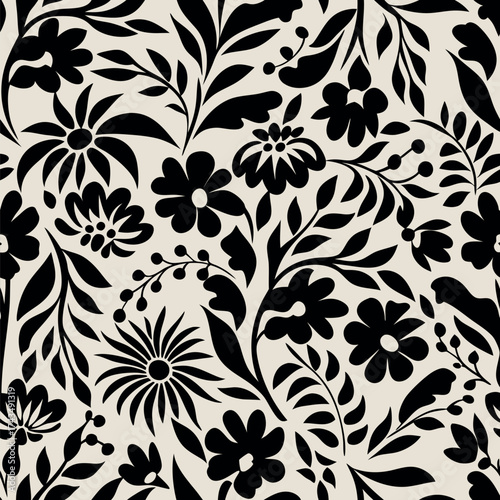 Elegant black and white floral pattern with detailed petals and leaves.