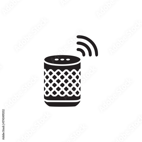 A black and white illustration of a smart speaker with a patterned grill and wifi signal icon